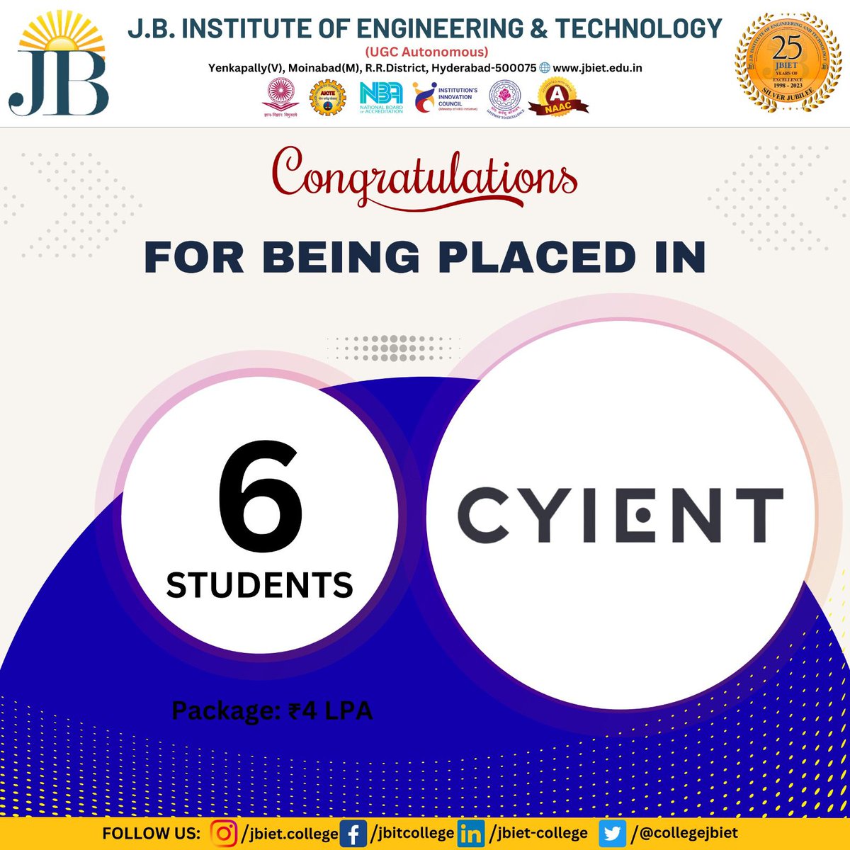 CollegeJbiet's tweet photo. Huge Congratulations to our phenomenal Students on securing placement..
#JBIET #Congratulations #Toprecruiters #Recruitment #Hiring #400Students #JBIT #CompanyVisits #BestEngineeringcollege #hyderabad #Engineeringcollege #BestcollegeinHyderabad #EngineeringcollegeinTelangana https://t.co/s2Q28M2KmR