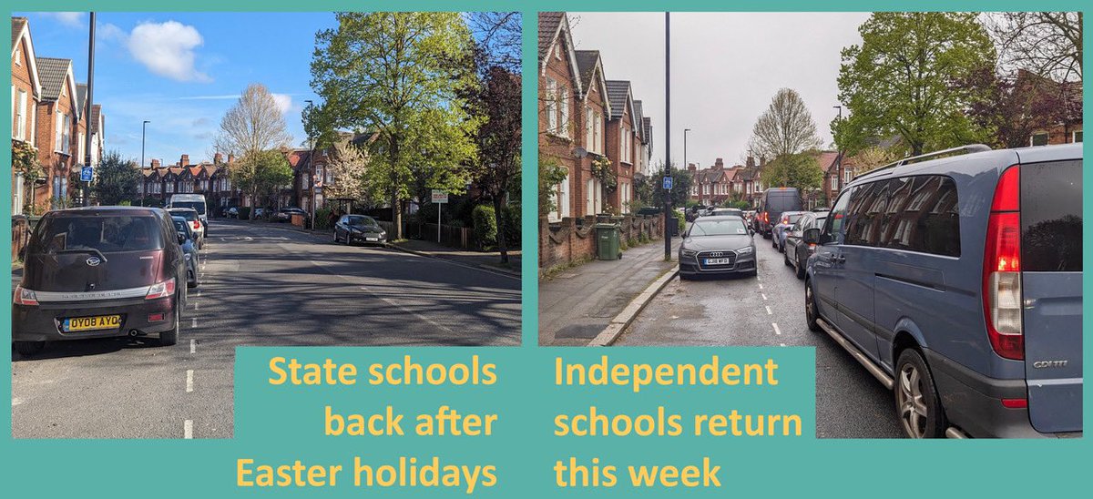 🔍Spot the difference 10 points if you noticed the endless line of stationary vehicles! Independent schools returned from the Easter break this week and the difference in traffic levels is huge School minibuses, better public transport + safe cycle routes are needed #SchoolRun