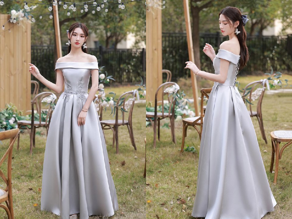 Gray Saitn Lace Long Prom Dress, A Line Evening Dress