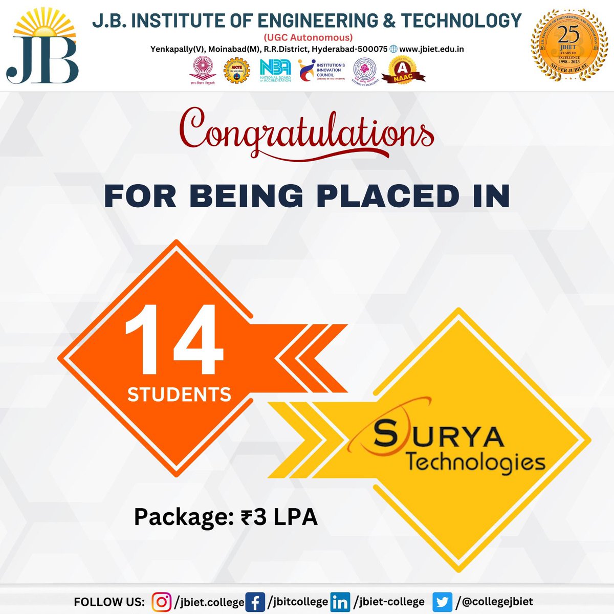 CollegeJbiet's tweet photo. Huge Congratulations to our phenomenal Students on securing placement..
#JBIET #Congratulations #Toprecruiters #Recruitment #Hiring #400Students #JBIT #CompanyVisits #BestEngineeringcollege #hyderabad #Engineeringcollege #BestcollegeinHyderabad #EngineeringcollegeinTelangana https://t.co/gNtdIP5V51