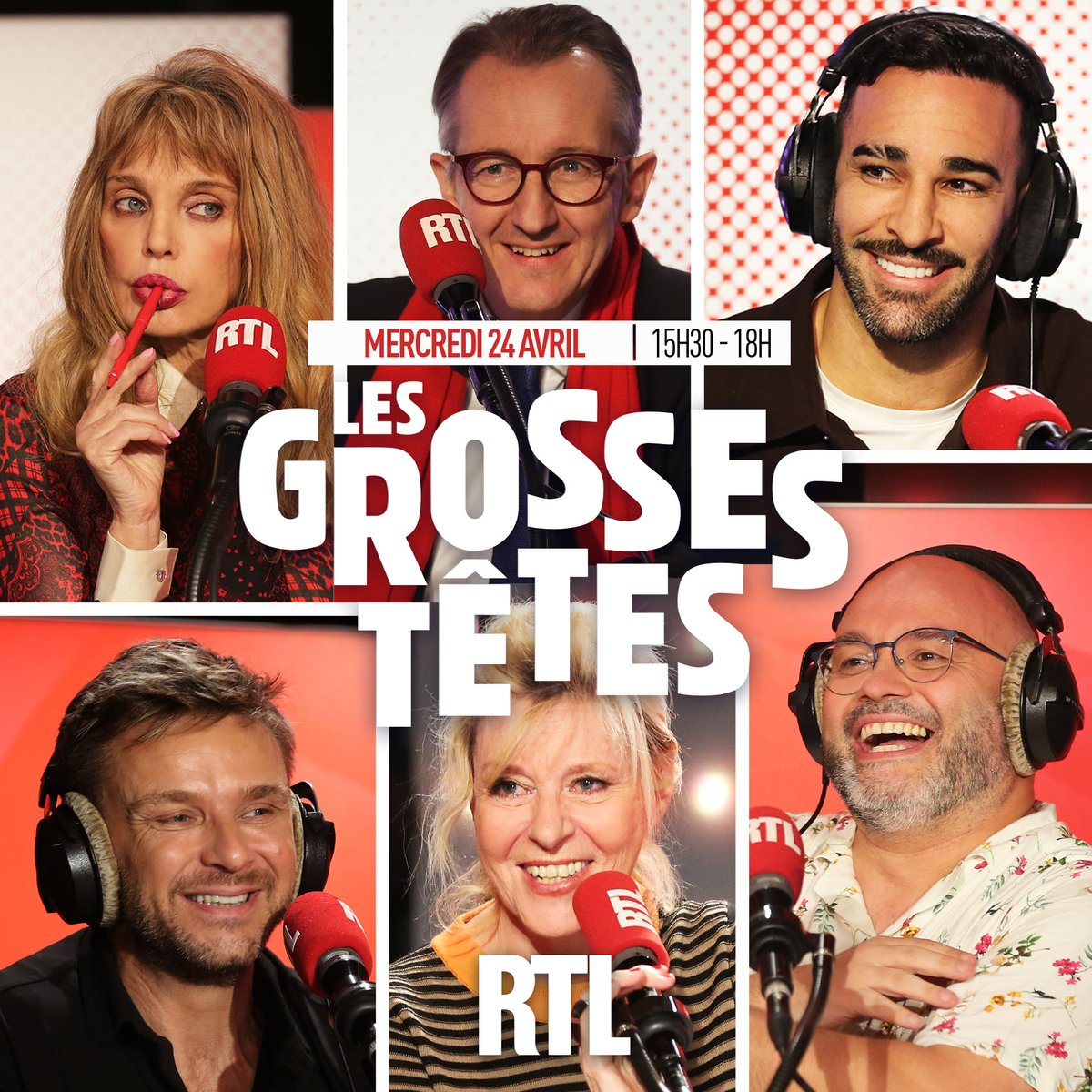 Bonjour à tous ! Découvrez Les Grosses Têtes de ce mercredi 24 avril. Autour de @ruquierofficiel aujourd'hui : 🤪 @chantalladesouO ⚽ #AdilRami ✈️ @Jeanfi_Janssens 🎞️ @ArielleDombasle 🤓 #YoannRiou 📰 @C_Barbier 📻 Coup d'envoi de l'émission 👉 15h30 sur RTL