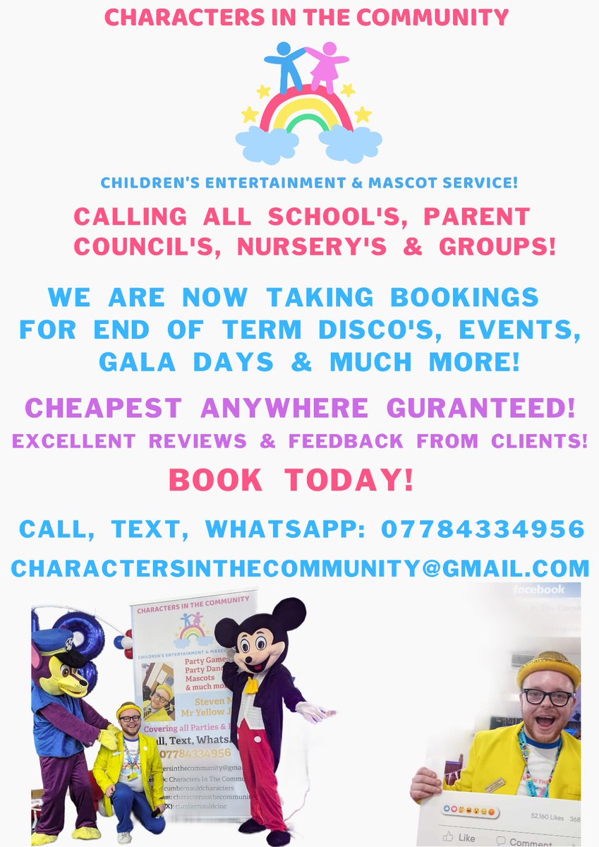 📣 Calling all School's, Nurseries &amp; Parent Council's! 📣 

Characters In The Community are now taking bookings for End Of Term Parties &amp; DISCO'S!  🥳 

More information in poster. ℹ️ 💛

#charactersinthecommunity #mryellowjacket #mascots #endoftermevent