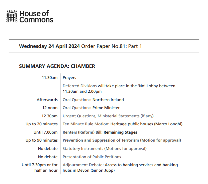 The House of Commons sits from 11.30am today. Find out what’s on: commonsbusiness.parliament.uk/Document/86958… The #OrderPaper is published each sitting day and lists the business of the House. Follow the Chamber in real time: now.parliament.uk