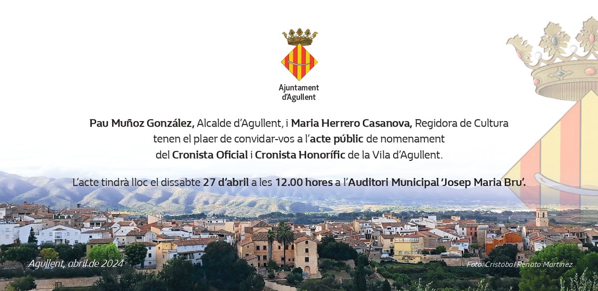 Dissabte serà un dia memorable per a dos dels nostres socis: Emili Casanova prendrà possessió del càrrec de Cronista Oficial de la Vila d'Agullent, i Ramon Haro en serà el Cronista Honorífic. Enhorabona! #Agullent