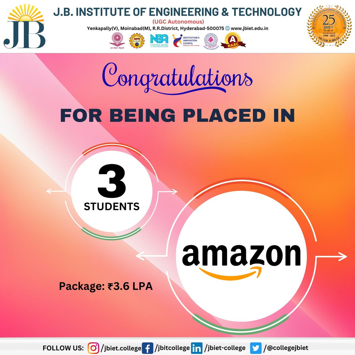 CollegeJbiet's tweet photo. Huge Congratulations to our phenomenal Students on securing placement..
#JBIET #Congratulations #Toprecruiters #Recruitment #Hiring #400Students #JBIT #CompanyVisits #BestEngineeringcollege #hyderabad #Engineeringcollege #BestcollegeinHyderabad #EngineeringcollegeinTelangana https://t.co/T4EmKKB9zf