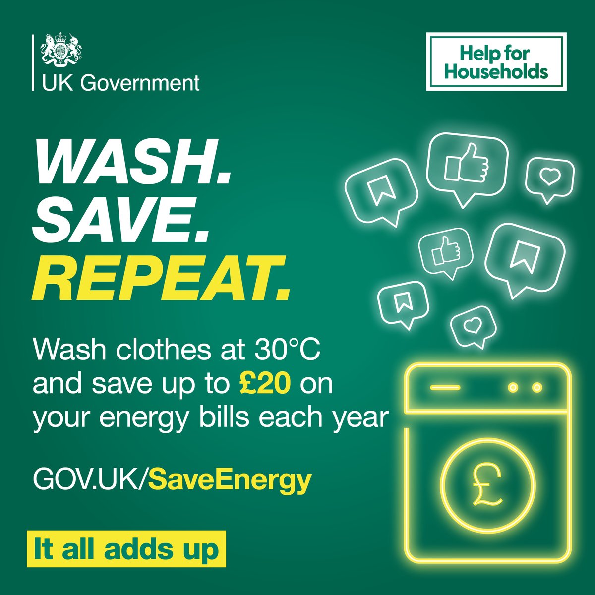 Now here’s a low-effort change to save you money 💸 Washing your clothes at 30° can save you up to £20 on your annual energy bills 🌡️⚡️ How’s that for a soap-erb tip? For more money-saving advice 🔽 helpforhouseholds.campaign.gov.uk/energy-saving-… #ItAllAddsUp