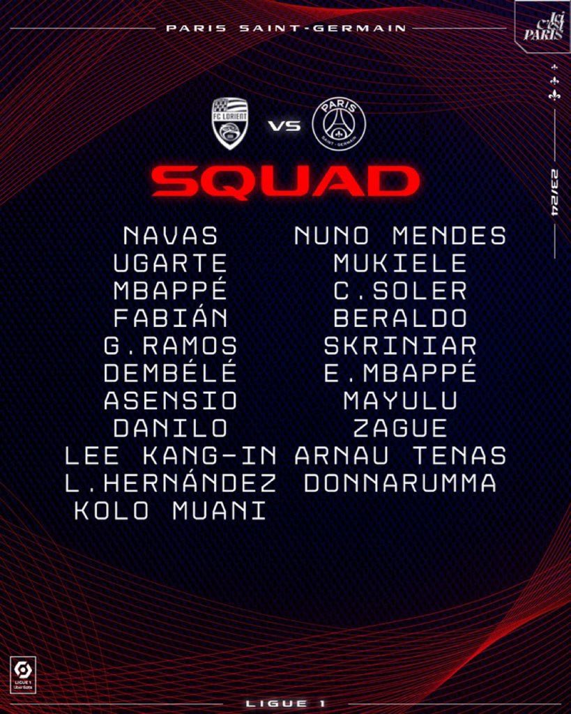 🚨 PSG’s squad for tonight’s game vs. Lorient. Vitinha, Marquinhos, Warren Zaïre-Emery, Bradley Barcola & Achraf Hakimi are rested. 🛏️