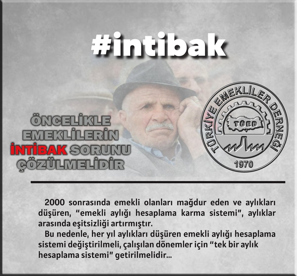 TAGIMIZ 👇
#Emekliİntibakİstiyor

2008 de değiştirilen maaş bağlama sisteminde düşürülen ABO ile  Sefalet hayata mahkum edilen EMEKLİ için;  Geçici değil İNTİBAK ile çözüm üretilip, kök dahil tüm maaşlara adil zam yapılmalıdır.