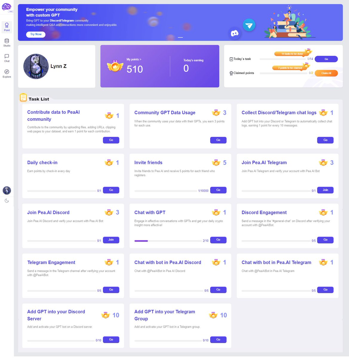 🚀 Exciting news from Pea.AI! We've just launched our brand-new Points page bursting with tasks waiting for you! 🌟 ✅ Engage socially, contribute data, create GPTs, chat & more - jump into a variety of activities and start racking up those points! 💬🛠️💡…