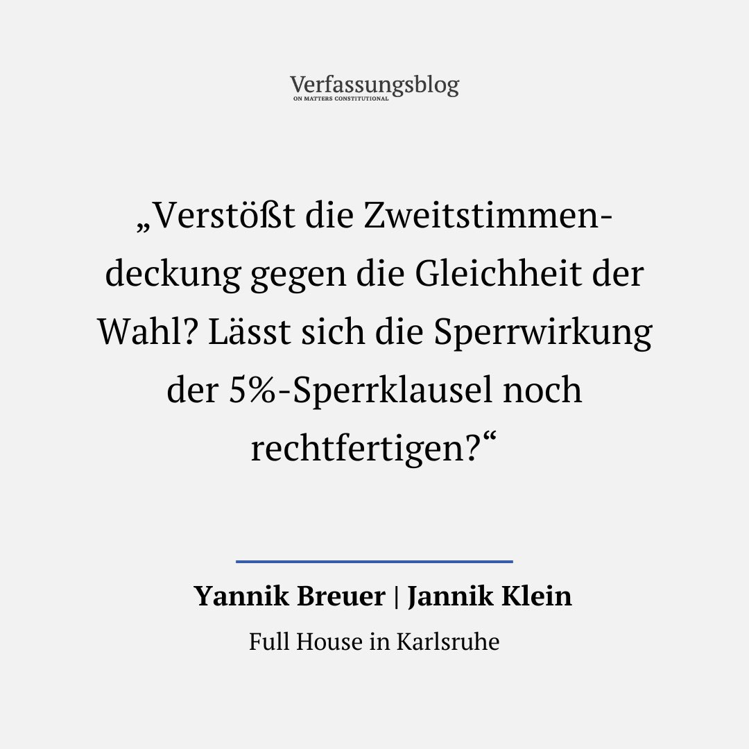 Gleich beginnt in Karlsruhe der zweite Tag der mündlichen Verhandlung über die Wahlrechtsreform. 

YANNICK BREUER (<a href="/breuer_yannik/">Yannik Breuer</a>) und JANNIK KLEIN (<a href="/Jannik_Klein_/">Jannik Klein</a>) berichten vom gestrigen ersten Tag.

verfassungsblog.de/full-house-in-…