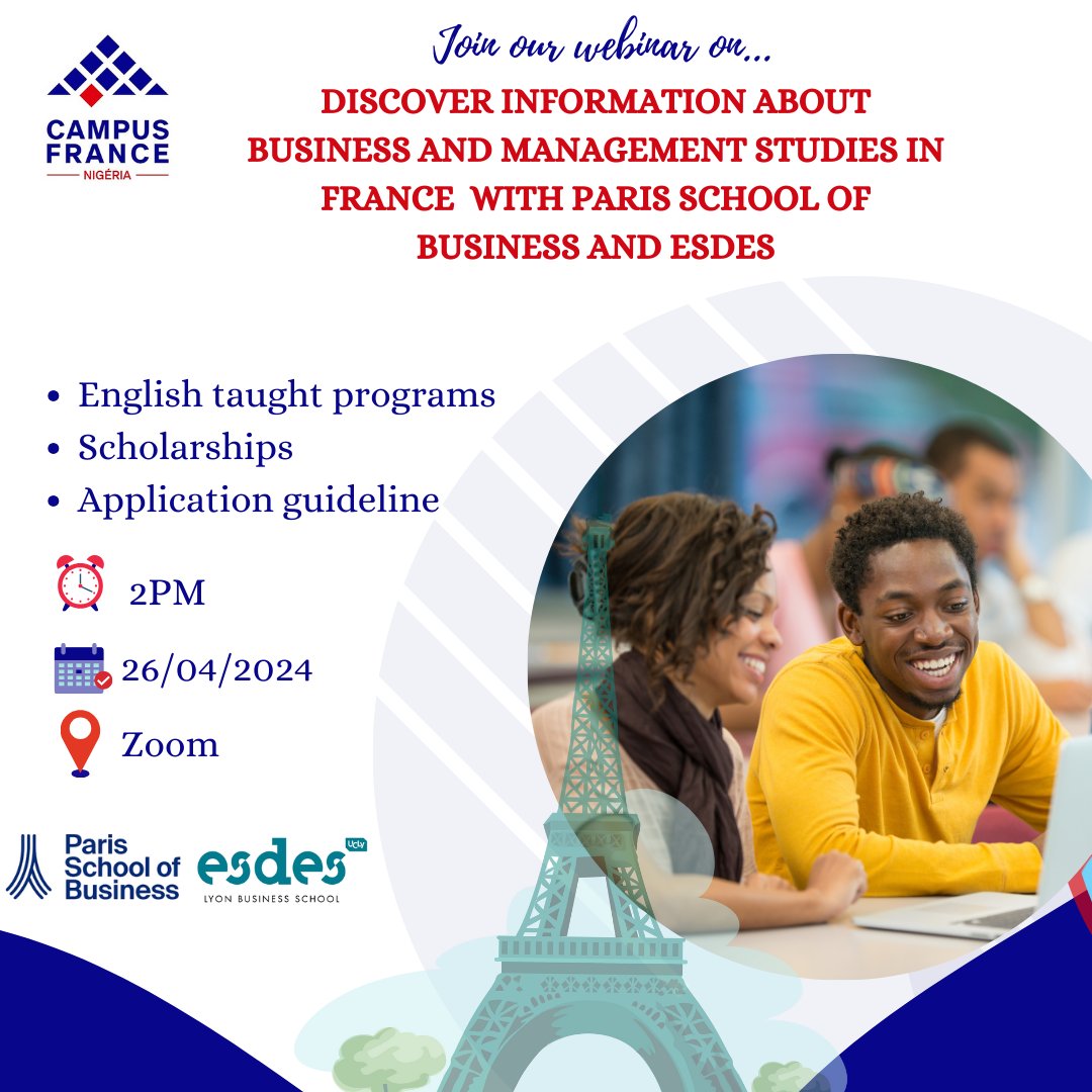 Join our webinar this Friday 26th April 2024 to learn about business and management studies in France with two reputable schools, Paris School of Business and ESDES

Time: 2:00PM
Zoom ID :897 6731 1667
Code: 479200

#choosefrance🇫🇷 #rendezvousenfrance #engineering #studyinfrance