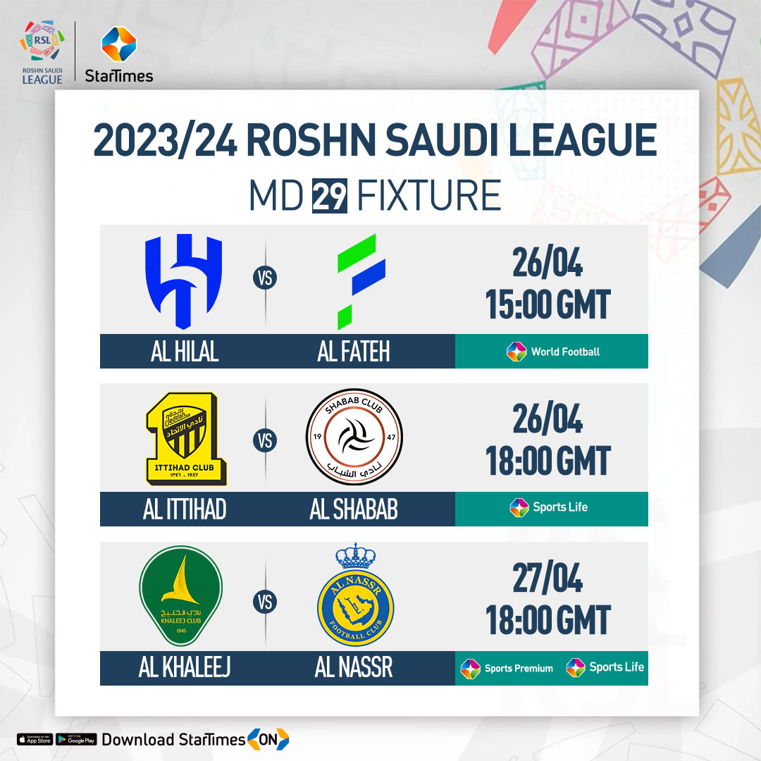 ⚽⚽On match Day 29 of Saudi League, top-ranked unbeaten Al Hilal will face Al Fateh at home, Al Nassr, on a five-game winning streak, will challenge Khaleej away while Al Ittihad will play against Al Shabab.

Which teams will take the points home?

#StarTimesSports #SaudiLeague