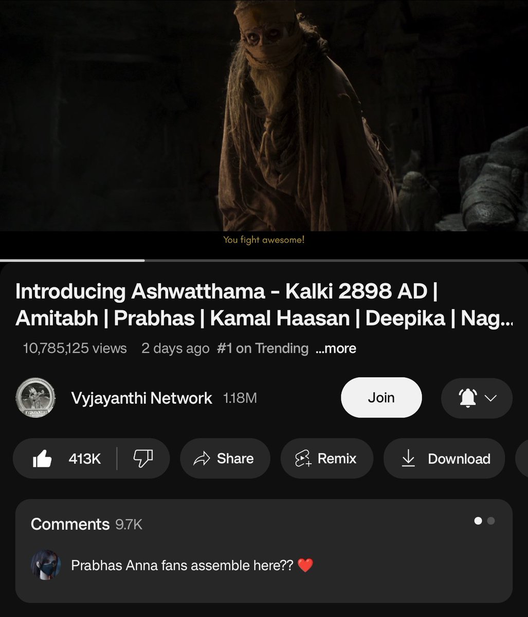 @SrBachchan Your introduction as ASHWATHAMA is still the Trending #1 on YouTube🔥🔥🔥 Expecting some powerful scenes from you, just like Kattappa's in #Baahubali, to ELEVATE #Prabhas' character in #Kalki2898AD 🥵🥵