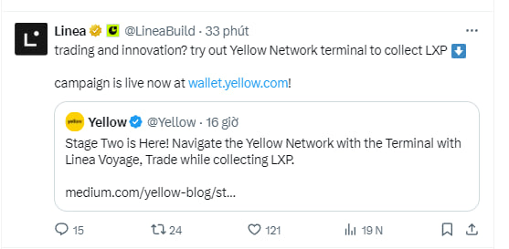 ☄️ Linea The Surge:  Yellow wallet nhận 100 LXP

✅ Join Yellow wallet: wallet.yellow.com
👉 Hoàn thành các nhiệm vụ tại trang yellow

☘️ Hướng dẫn:
👉 Kết nối ví linea metamask sẽ tự động tạo 1 ví yellow , nạp tối thiểu 20$ ETH linea từ metamask vào yellow