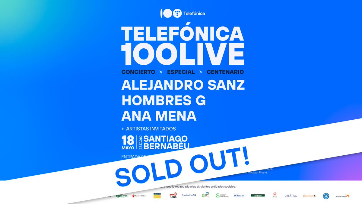 🔥¡Hemos hecho sold out! Gracias a todos por hacer esto posible ¡Nos vemos el 18 de mayo en el #Telefónica100Live con @AlejandroSanz, @HombresG, @AnaMenaMusic y más artistas invitados!. Si no puedes asistir, ¡no te preocupes! Podrás disfrutar del concierto en @MovistarPlus 🎶