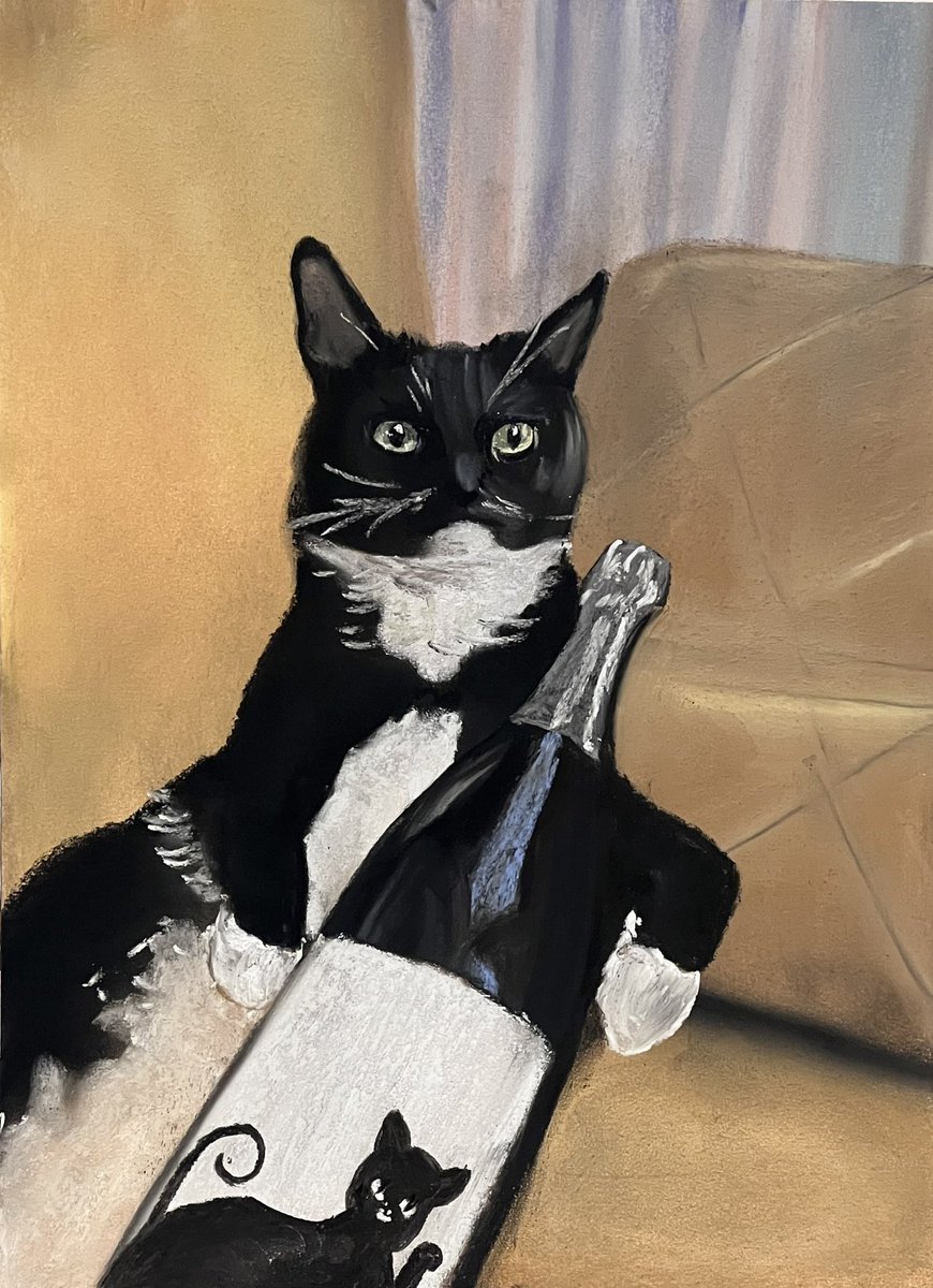今日のパステル画。 黒猫とワイン。