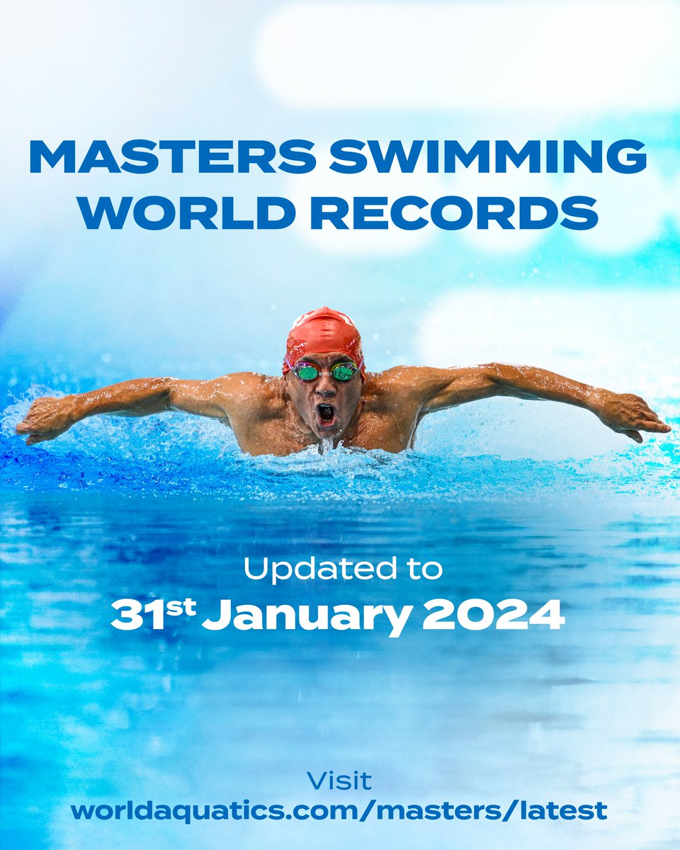 Check out the Masters Swimming Records updated to the 31st January 2024 🤩 #Masters #Swimming More info - worldaquatics.com/masters/latest