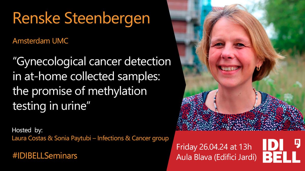 📣 New #IDIBELLSeminar
📋 Gynecological cancer detection in at-home collected samples
🗣️ Renske Steenbergen <a href="/amsterdamumc/">Amsterdam UMC</a> 
Hosted by <a href="/Laura_Costas_Ct/">Laura Costas Caudet</a> &amp; Sonia Paytubi
🗓️Friday, Apr 26 - ⏰ 13h
📍 Aula Blava (Edifici Jardí) <a href="/ICO_oncologia/">Institut Català d'Oncologia</a>

More info ➡️ idibell.cat/agenda/idibell…