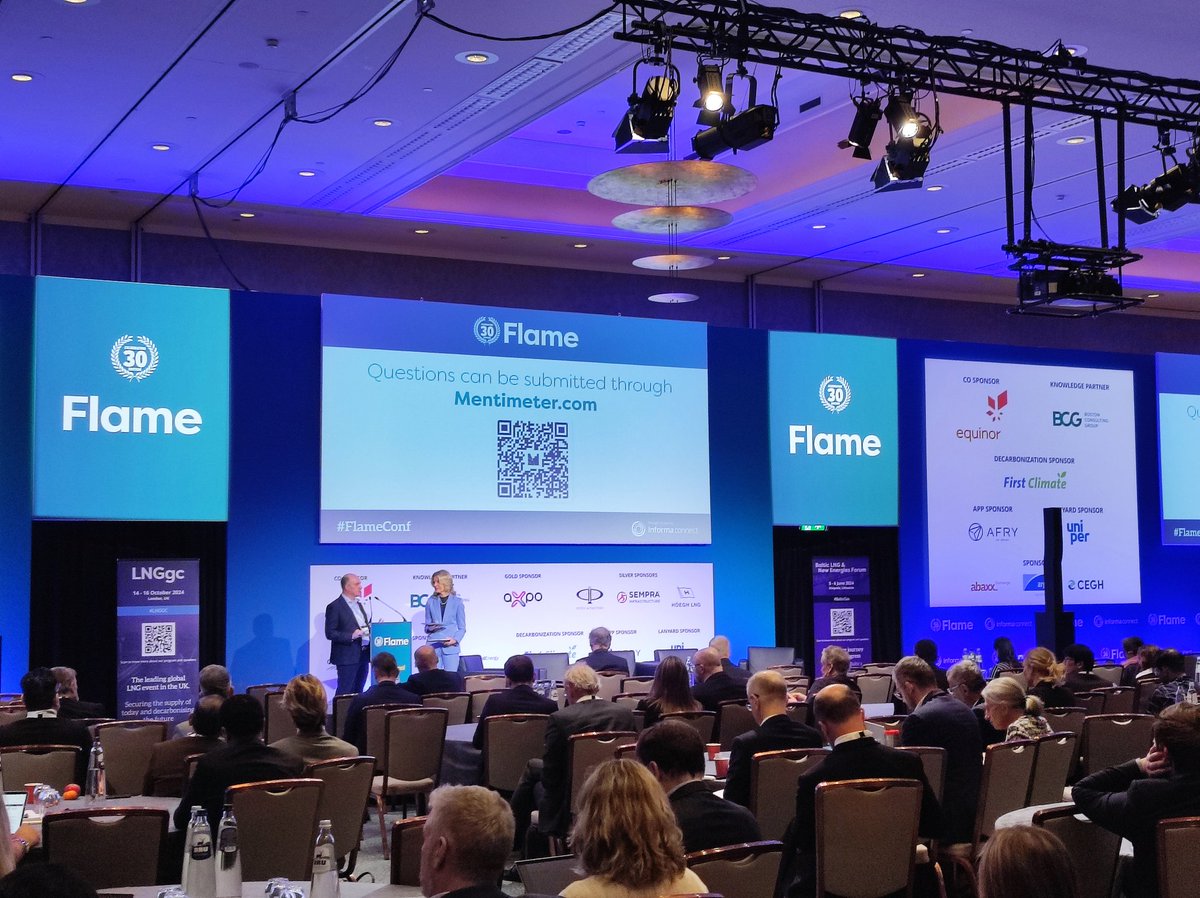 Today we are live from #FlameConf where the day has already started with a focus on the challenges affecting world #gas markets in a net zero future, the EU's targets for the #energytransition post 2040 and the strong link between energy markets, #geopolitics & macro-economics.