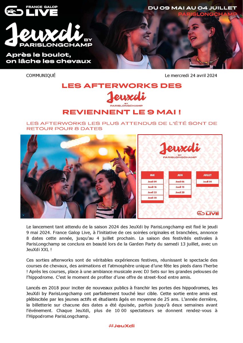 📣 Communiqué de presse : Les afterworks des #JeuXdi by #ParisLongchamp reviennent le 9 mai ➡️ france-galop.com/fr/content/les…