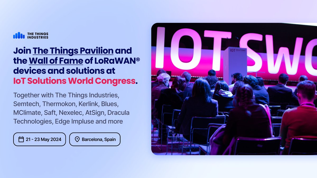 The Things Pavilion is coming to @IOTSWC, 21-23 May 2024!

Meet industry frontrunners at the special pavilion dedicated to scalable solutions with #LoRaWAN. 

Discover #LPWAN devices through the Wall of Fame.

Visit the congress at a special rate: registration.firabarcelona.com/?cod_prom=M7ZN…