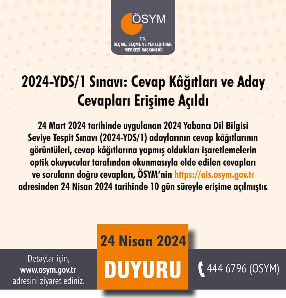 2024-YDS/1 Sınavı: Cevap Kâğıtları ve Aday Cevapları Erişime Açıldı

osym.gov.tr/TR,29335/2024-…