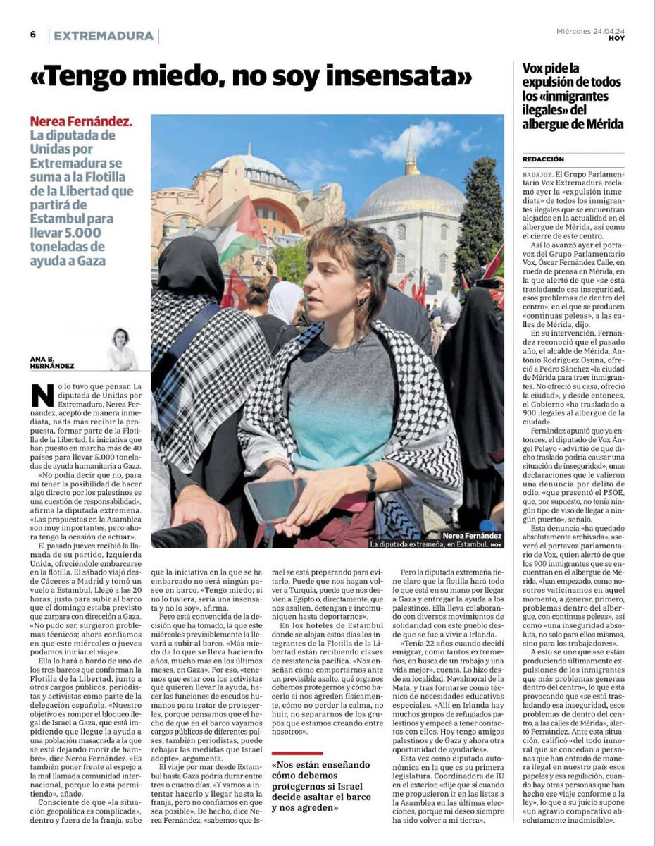 Reportaje a nuestra diputada @nereafercor que en estos momentos se encuentra en Estambul a la espera de poder salir en la @GazaFFlotilla. 🗞️ @hoyextremadura hoy.es/extremadura/mi…