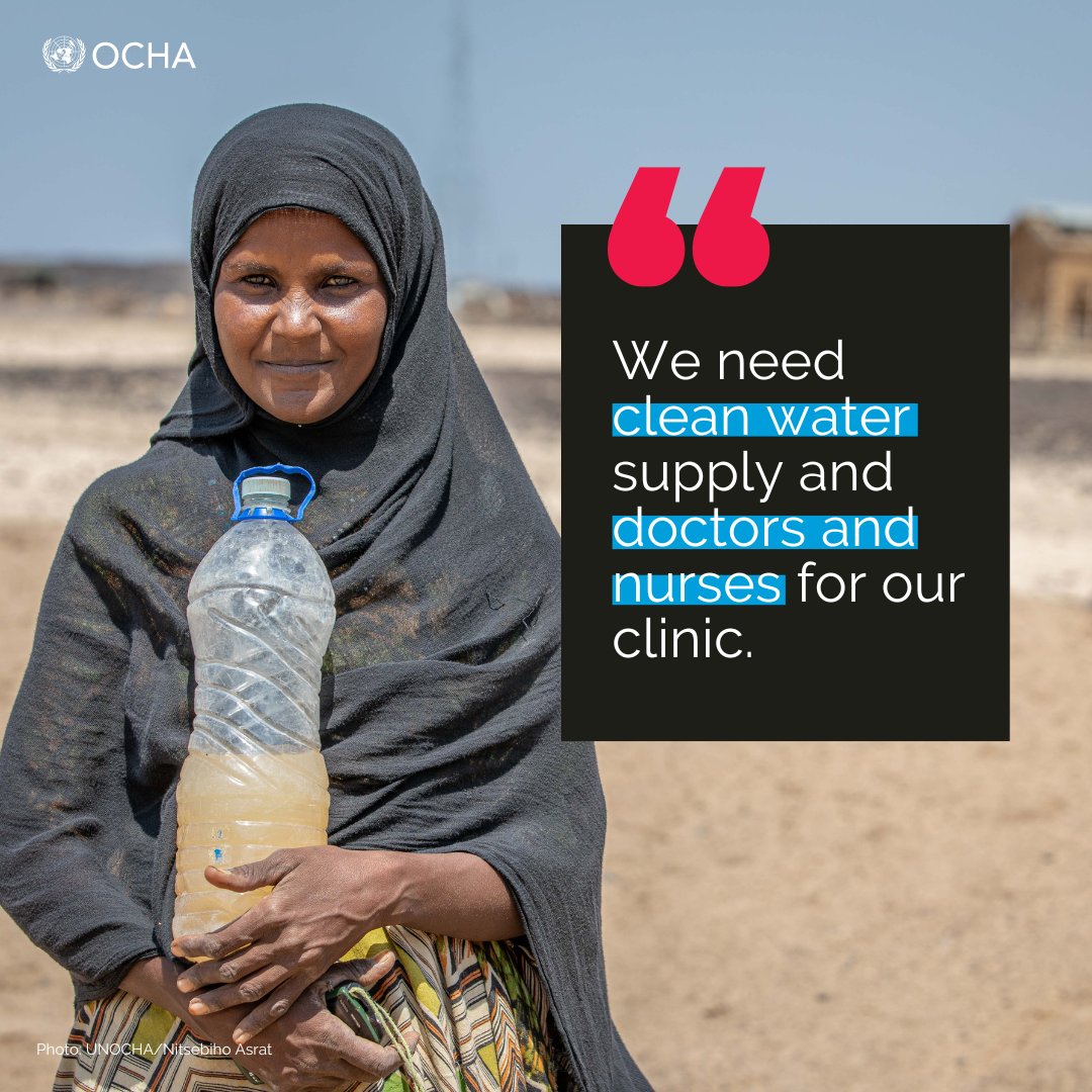 Khadija lost 3 children due to lack of medical care. They have no doctors, nurses or ambulances. The clinic is 60km away. She rears goats for income but faces persistent food & water insecurity due to drought. She hopes for action to supply healthcare & clean water to her family.