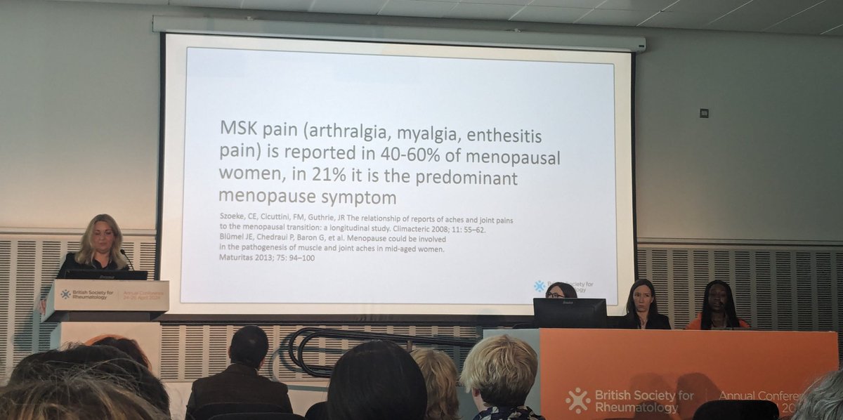 Link between #Menopause and #MSKpain well considered/explored by @zoemclarenrheum at @RheumatologyUK conference session on 'Menopause, HRT and Rheumatic Disease' #BSR24