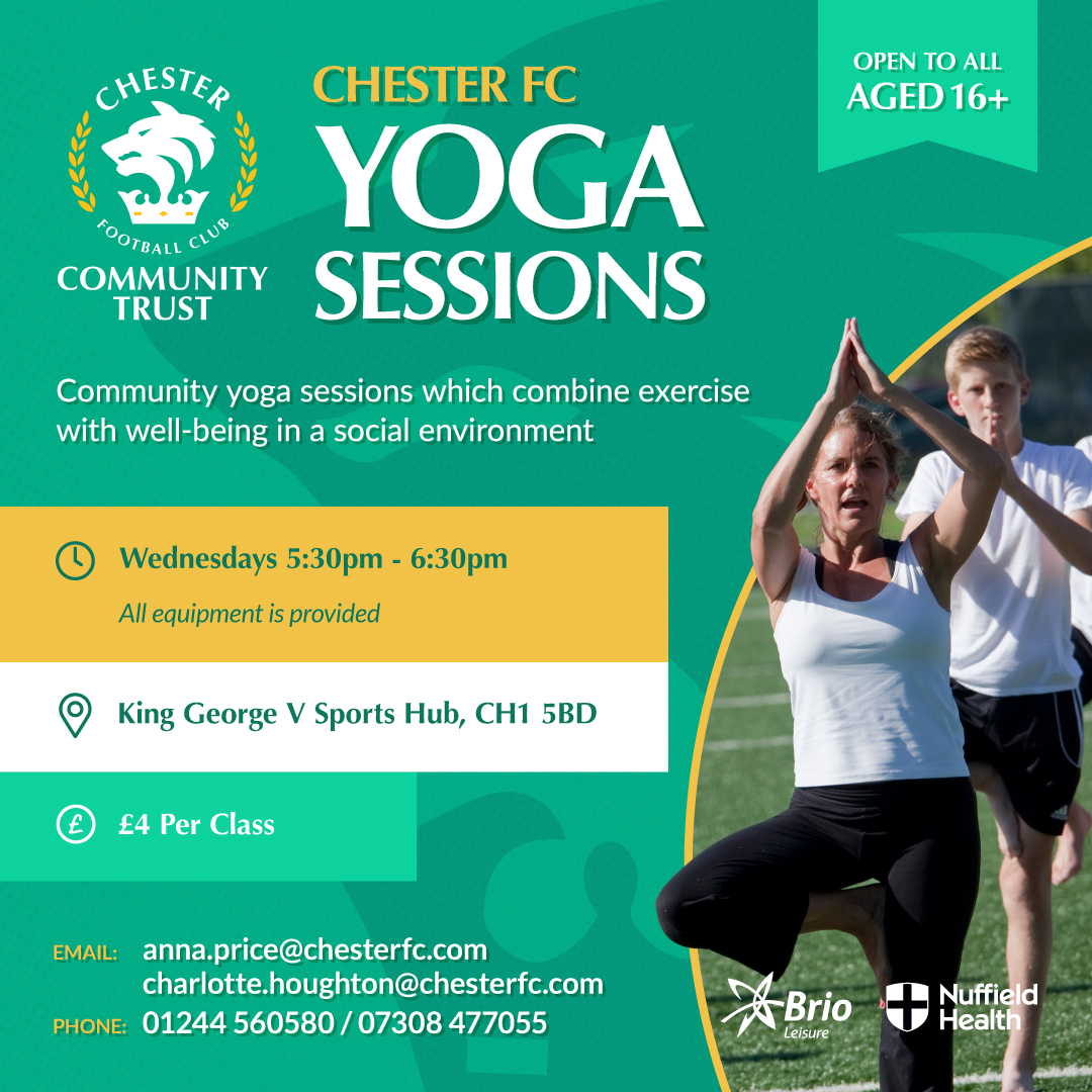 🧘‍♀️ Our weekly community Yoga session is suitable for all abilities and led by our experienced, friendly teacher Kat. These pay-as-you-go classes are £4 and take place on Wednesdays at @KGVSportsHub in Blacon. Book here ➡️ bit.ly/3Pt8sbe