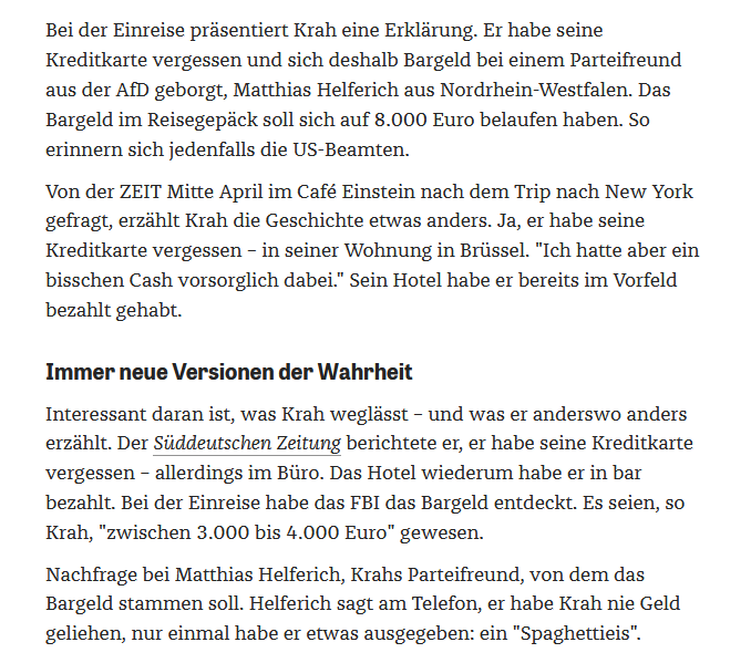 Christian Fuchs (@christianfuchs_) on Twitter photo Maximilian Krah tritt nach den Enthüllungen über den mutmaßlichen 🇨🇳-Spion in seinem Büro nicht zurück.
Aber auch die große Summe Bargeld kann Krah nicht schlüssig erklären, mit der er 2023 nach New York einreiste. Dem FBI sagte er, es sei von <a href="/MatthiasMdb/">Matthias Helferich MdB</a>. Der widerspricht: Maximilian Krah tritt nach den Enthüllungen über den mutmaßlichen 🇨🇳-Spion in seinem Büro nicht zurück.
Aber auch die große Summe Bargeld kann Krah nicht schlüssig erklären, mit der er 2023 nach New York einreiste. Dem FBI sagte er, es sei von <a href="/MatthiasMdb/">Matthias Helferich MdB</a>. Der widerspricht: