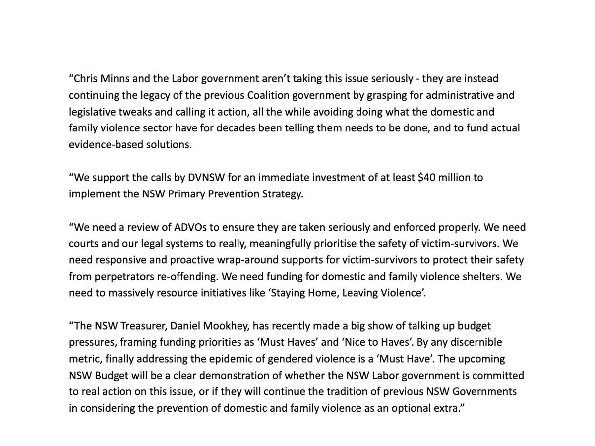 A simplistic knee-jerk law and order response is a distraction from the complex and comprehensive whole-of-society work that needs to be done to address the gendered violence epidemic and keep women in our State safe. And thats going to actually cost some money.