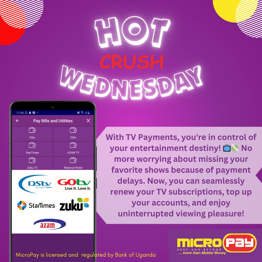 Why stress when you can simplify? Join MicroPay and embrace the ease of TV Payments today! 🎉 #HotCrushWednesday #ServiceCrushWednesday #TVPayments #Convenience #Entertainment 📺💰
