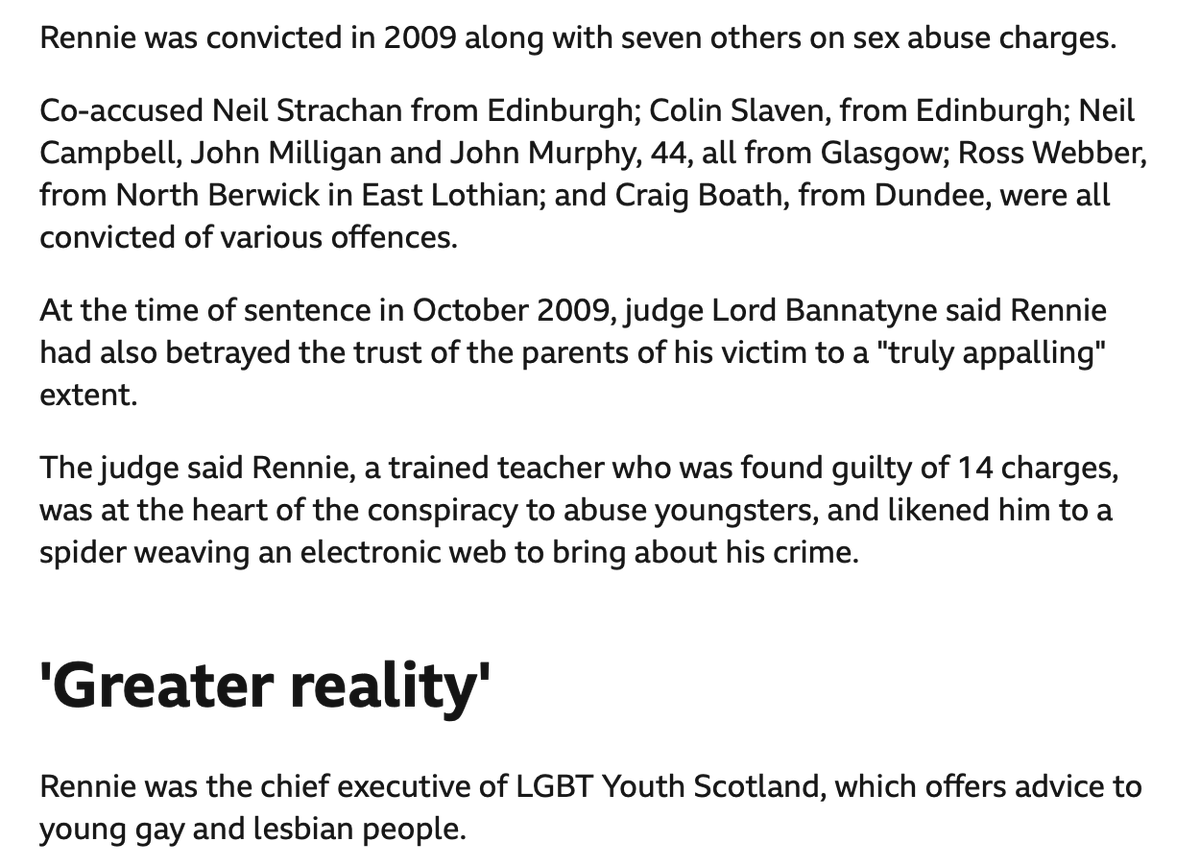 The twisted world that the SNP and Scottish Greens have created. James Rennie, chief executive of LGBTY Scotland, was convicted, with 7 others of 50 offences against children, including the rape of a 3 month old baby.