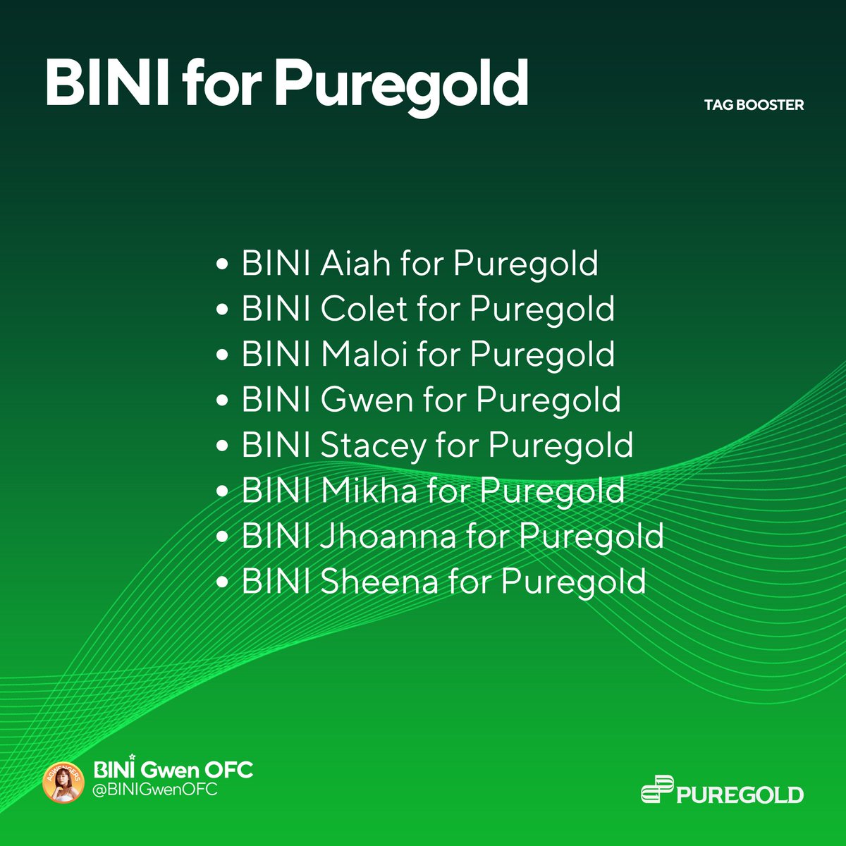 [Tag Booster]

BINI for Puregold! Kindly reply with the official tags.

BINI LOVES PUREGOLD

#PuregoldxBINI #AlwaysPanalo
@BINI_ph @Puregold_PH