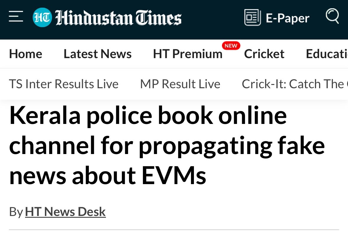 Kerala police has registered FIR against Manorama news channel for publishing fake news about EVM.

The same fake news was reported by @thenewsminute & @dhanyarajendran.

Same fake news was presented in fron of Supreme Court by @pbhushan1.

Same fake news was tweeted by @INCIndia