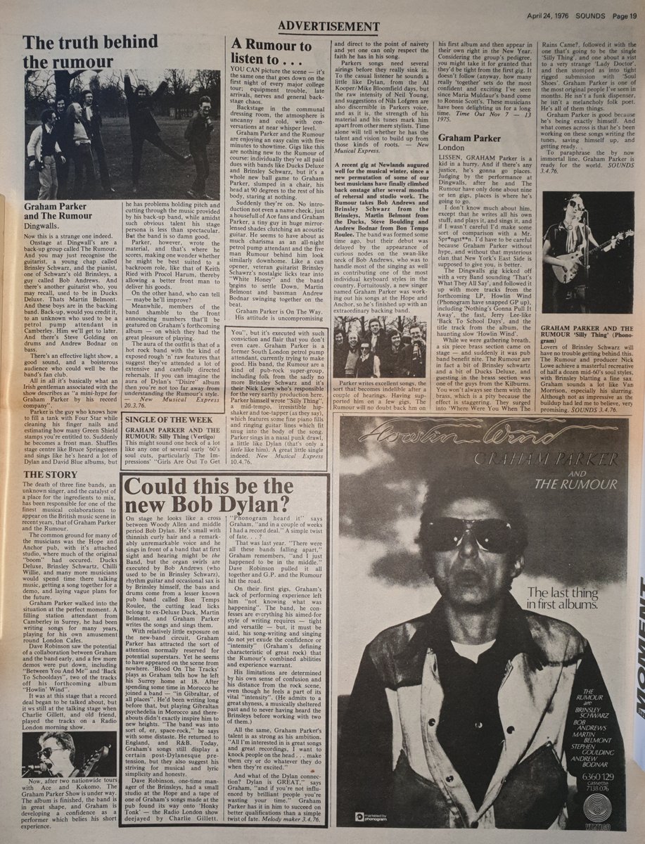 An advert for Graham Parker and The Rumour in Sounds 24th, April 1976 including the album 'Howlin' Wind' and reviews of the single 'Silly Thing' and gigs. @ItsGrahamParker @JayNachman