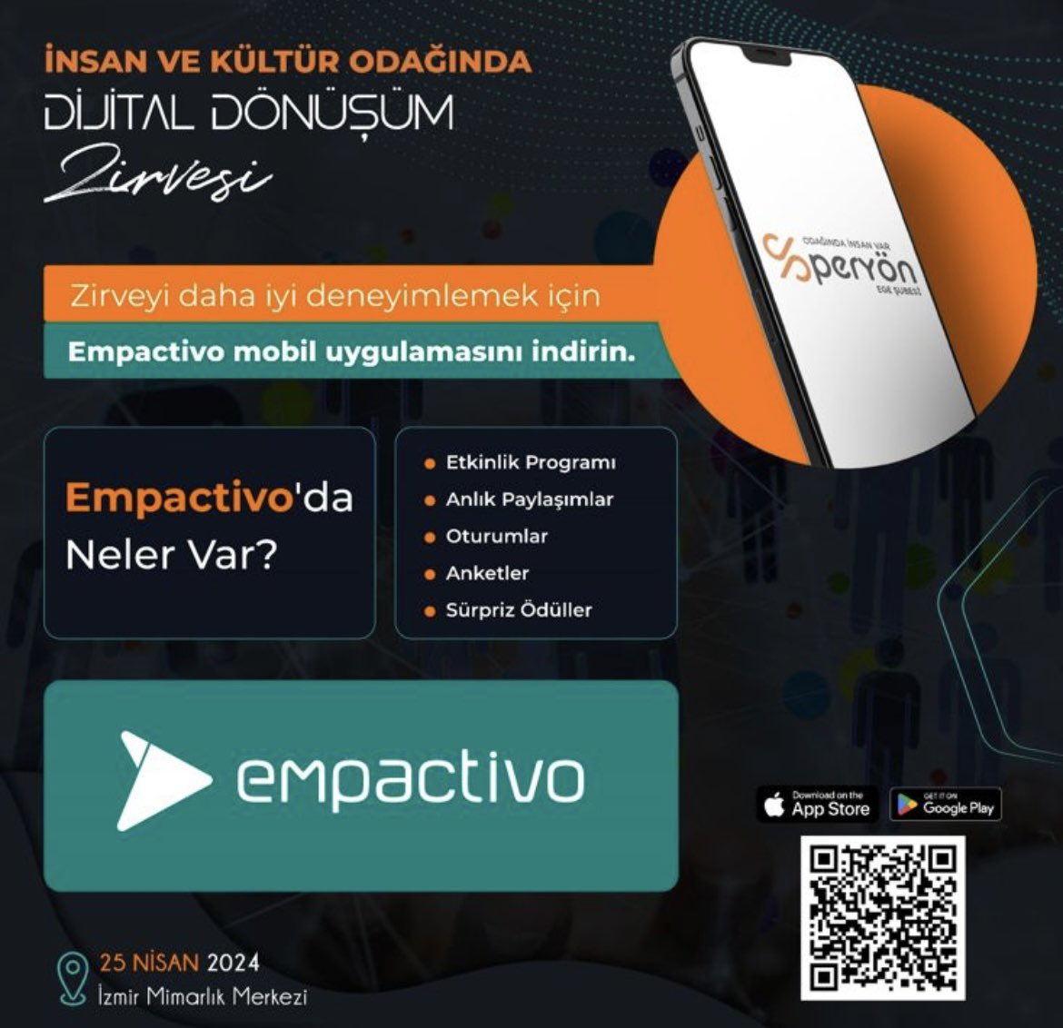 <a href="/PERYONEGE/">PERYÖNEGE</a> kongresinde empactivo mobil uygulamamız genel program akışını, oturum bilgilendirmelerini, anlık anketleri ve oturumda sürpriz etkileşimleri yönetiyor olacak. İnsan ve Kültür Odağında Dijital Dönüşüm Zirvesi’nde Empactivo olarak biz de varız💯👏