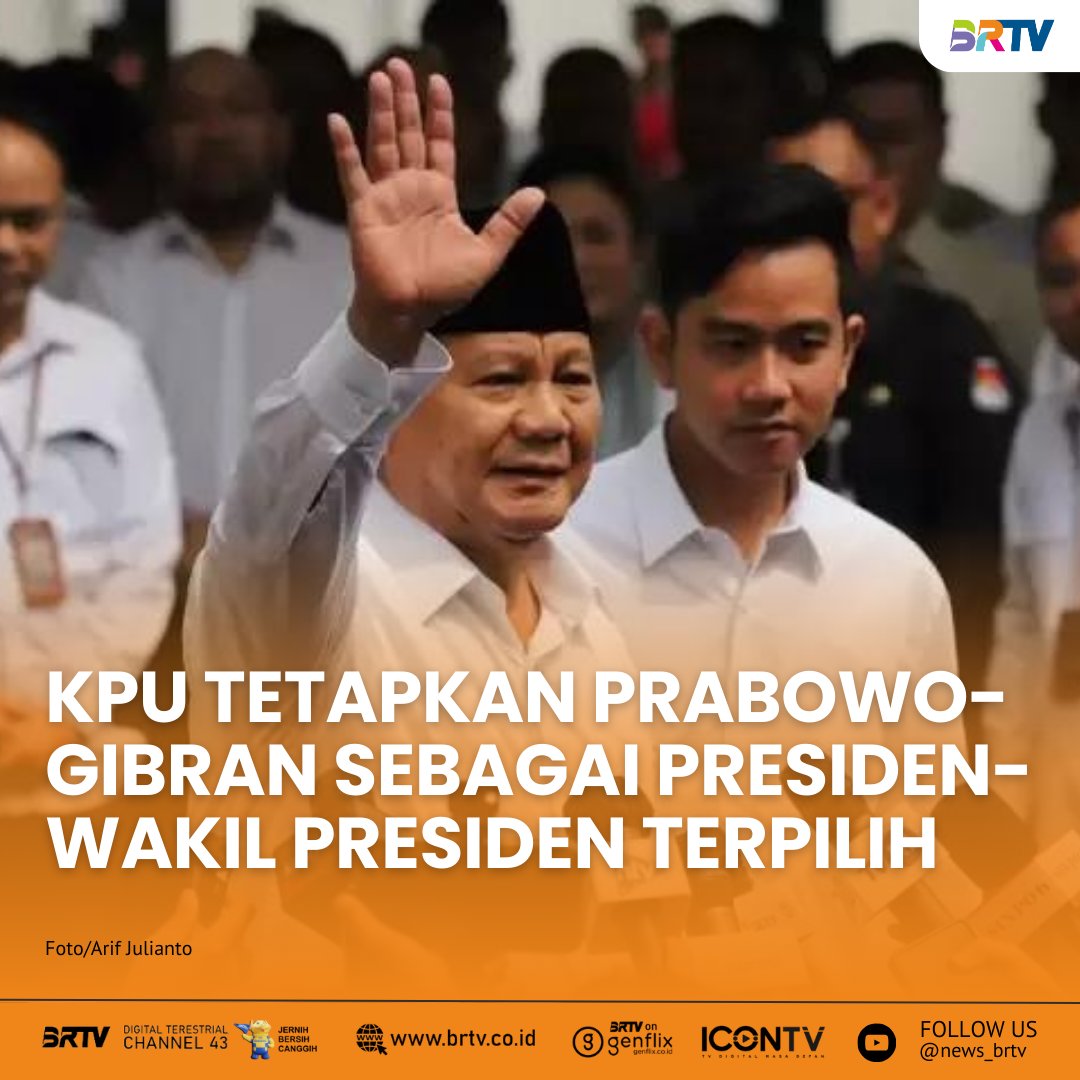 Komisi Pemilihan Umum (KPU) resmi menetapkan Prabowo Subianto dan Gibran Rakabuming Raka sebagai presiden dan wakil presiden terpilih periode 2024-2029, pada Rabu (24/4/2024).

#brtv #newsbrtv #tvdigital #KPU #kpuri