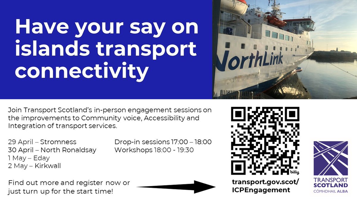 Have your day on islands transport connectivity at upcoming @transcotland engagement events in #Orkney - full details below and at transport.gov.scot/ICPEngagement #Stromness #Eday #Kirkwall #NorthRonaldsay