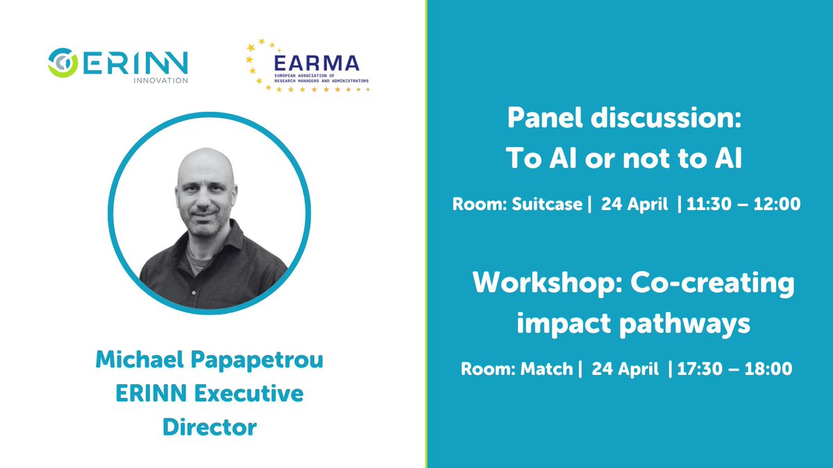 ERINN Executive Director Michael Papapetrou will be busy today - taking part in a panel discussion on AI tools in proposal development, and a workshop on impact pathways for researchers alongside Jane and Pamela from the ERINN team. Full details below 👇