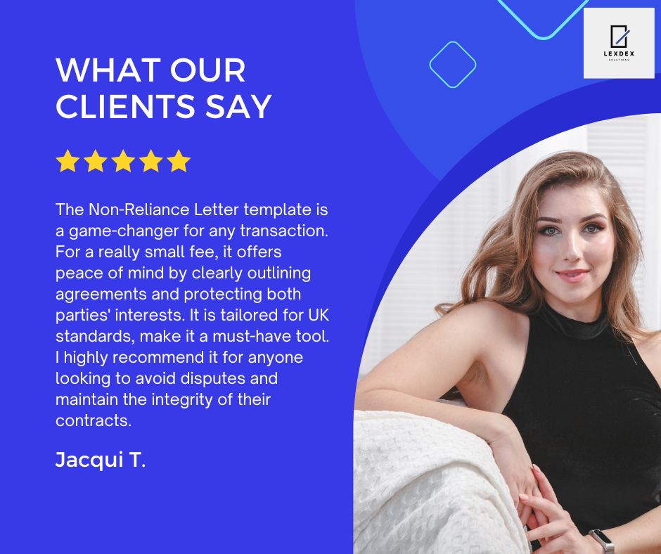 Our Non-Reliance Letter template, praised for its clarity and legal soundness, is your solution!

#legalprotection #ContractClarity #TestimonialTime #nonreliance #Tagged  #bestproduct