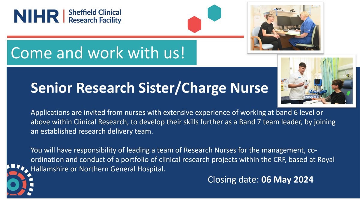 📢Exciting opportunity to join the NIHR Sheffield CRF  as a Senior Research Sister/Charge Nurse.   

Could this be the next step you're looking for in your research career?  

Learn more and apply here:  Job Advert: bit.ly/4d99VNw
 
#BePartofResearch #YourPathinResearch