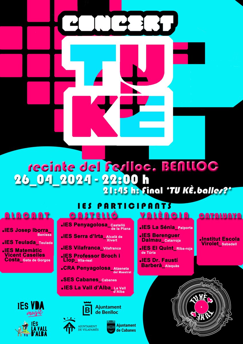 🙌Concert i projecte educatiu musical TU KÈ?
📯Una actuació de música amb ukeleles, cant coral, instrumental orff, percussió corporal i ball , que tindrà lloc el divendres 26 d’abril de 2024 📅, a les 22:00h.⏰ al recinte del Feslloc (pista de futbet)