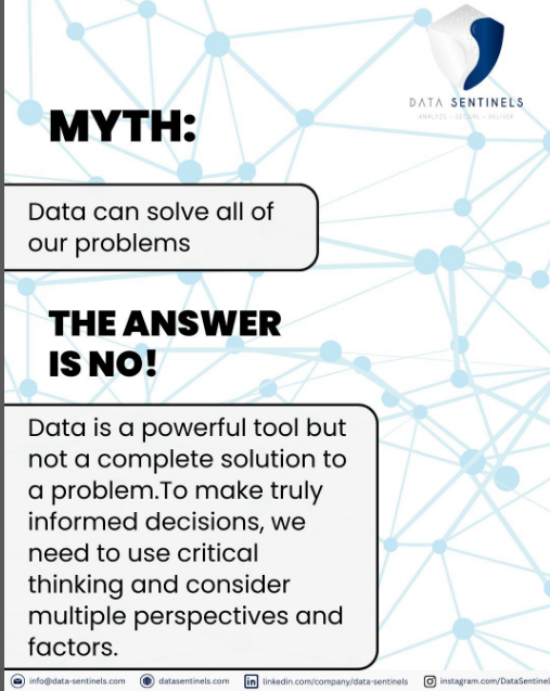 Data_Sentinels's tweet image. Data can be a powerful tool, but it&apos;s not a silver bullet. Let&apos;s bust the myth that data can solve all our problems.
Without careful analysis and interpretation, data can mislead us or even make things worse. Let&apos;s use data wisely.
#DataMyth #Data_Sentinels #DataAnalysis