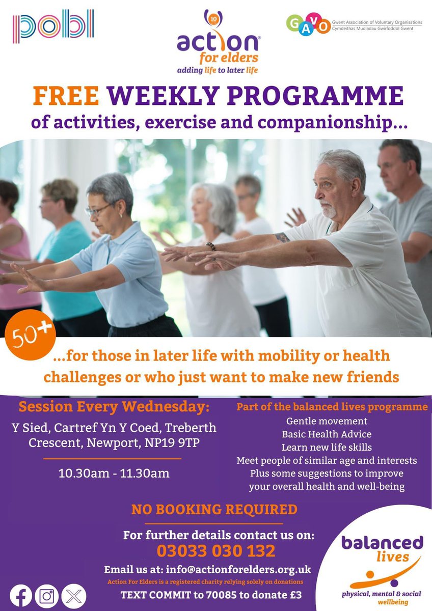 ActionForElders's tweet image. Join us today for FREE weekly programmes at Y Sied Newport and Ponthir Village Hall! No need to book, just turn up for gentle movement exercises, health advice, and new friends. Boost your well-being with us! 🌼💪 #ActionForElders #BalancedLives #HealthyAgeing #NewportCommunity