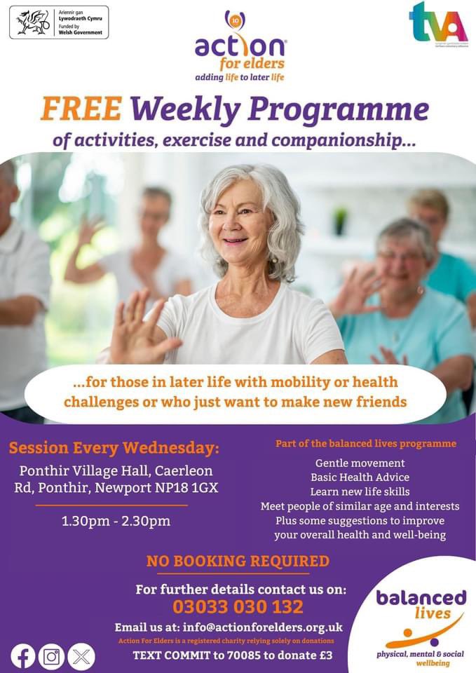 ActionForElders's tweet image. Join us today for FREE weekly programmes at Y Sied Newport and Ponthir Village Hall! No need to book, just turn up for gentle movement exercises, health advice, and new friends. Boost your well-being with us! 🌼💪 #ActionForElders #BalancedLives #HealthyAgeing #NewportCommunity