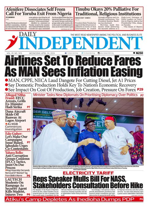 3. Daily Times
- Minister summons Lead British Int. School over Bullying

4. Independent
- Atiku camp depletes as Ihedioha dumps PDP

Tags: #leadbritishinternationalschool I Electricity tariff I sex scandal I UNN I ASUU I #lautech I Airlines I Edo I Afenifere