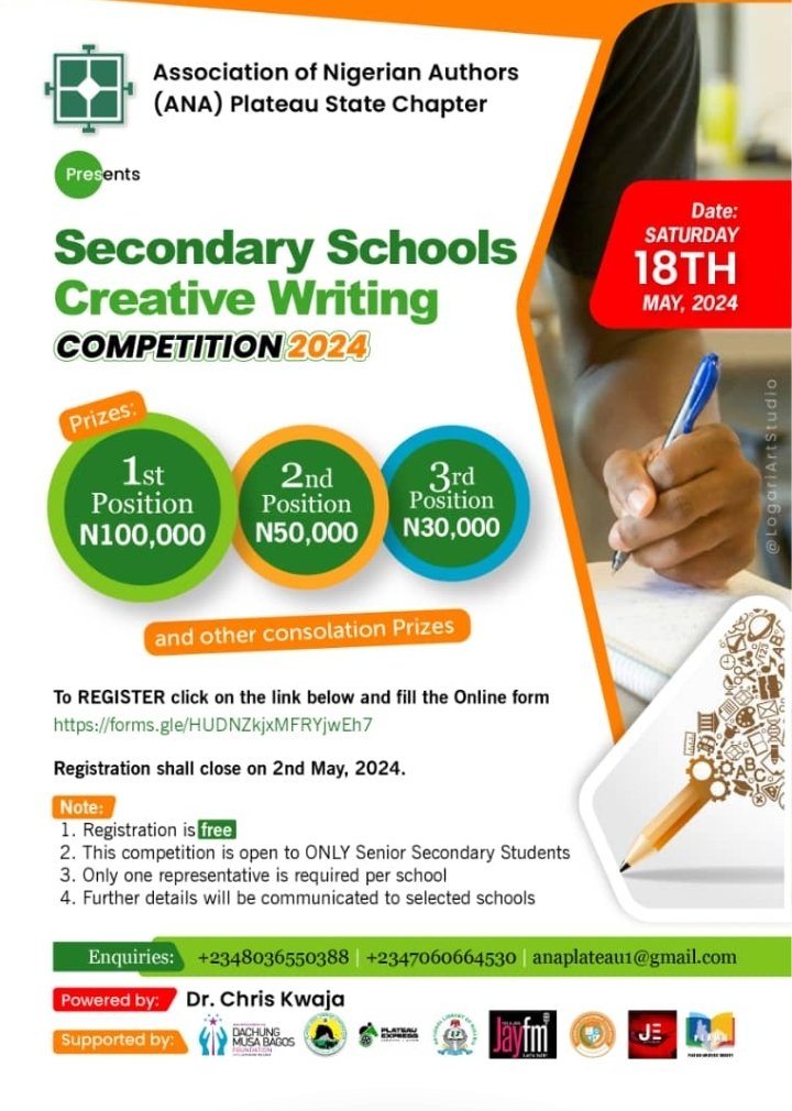 COALNG's tweet photo. Opportunities Wednesday 📣

Here's an opportunity to shine as a school or an individual. 

Please register and be part of @AnaPlateau creative writing competition 2024. 

Only open to senior secondary school students. Follow the guidelines on flier below 👇

Good luck champs 🏆 https://t.co/DbjfAGW8jd