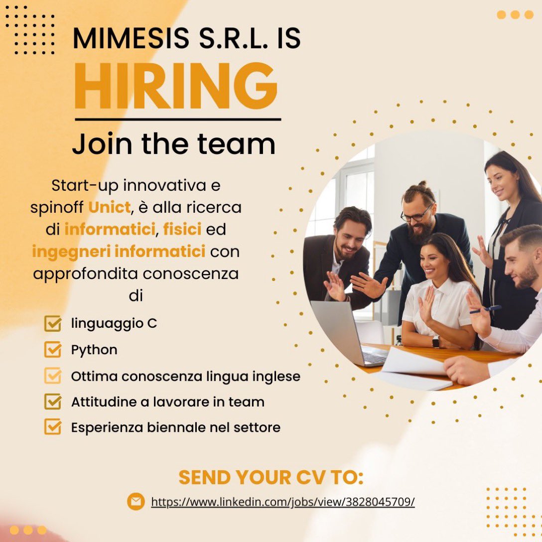 🤗Join The Team📢
Apply here 👉🏼
linkedin.com/jobs/view/3828…

#joinUs #Hiring #Careers #ApplyNow #modelingandsimulation #UNICT #DSFS #Python #Cprogramming @MimesisSrl